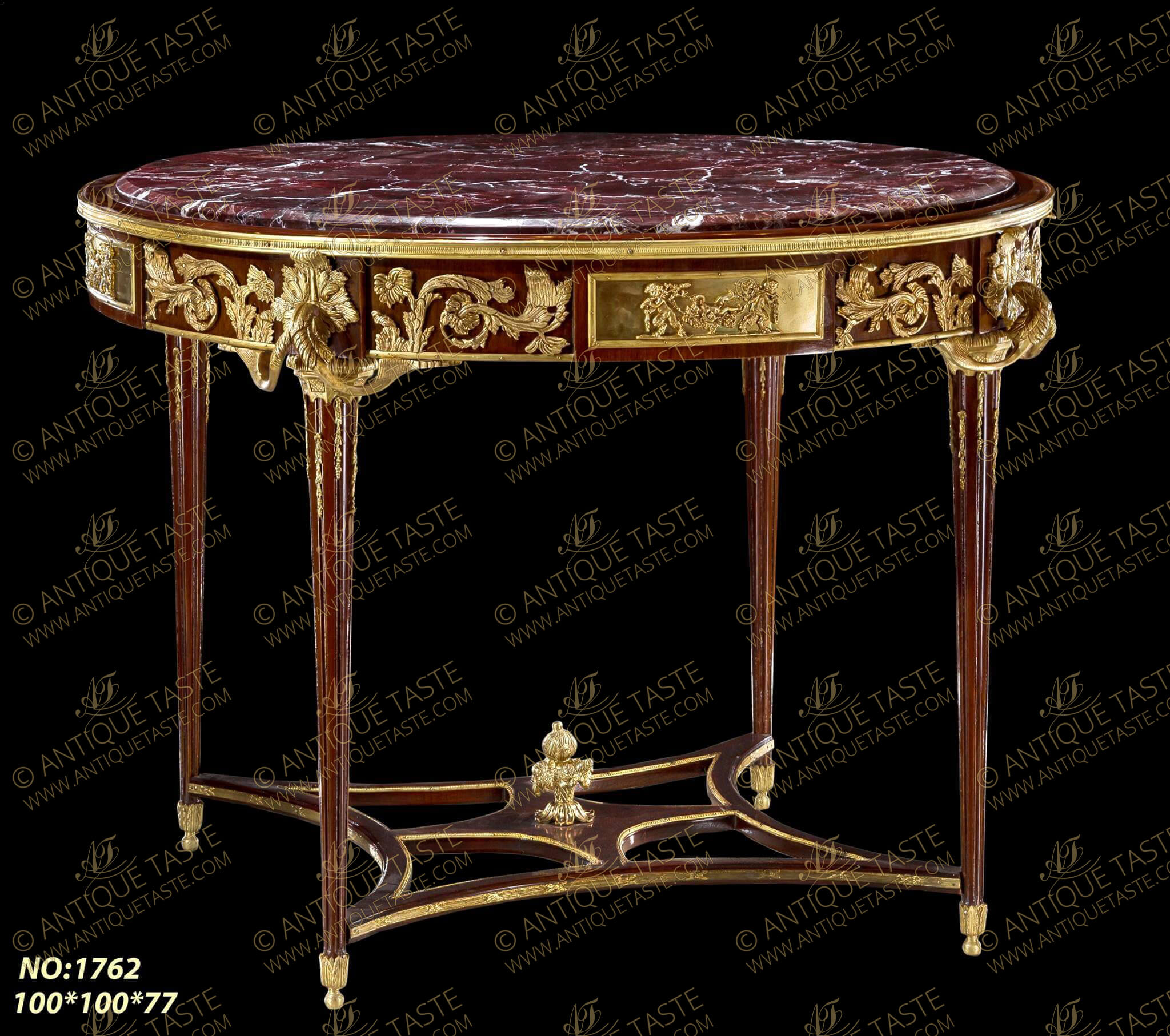 louis xvi style Grand guéridon, after the model made by François Linke after the celebrated model of the Table des Muses commissioned by Pierre-Elisabeth de Fontanieu for his use in the Hotel du Garde-meuble in 1771 and made by Jean-Henri Riesener, The inset marble top withing a wooden ormolu bordered frame above the frieze centered with a an ormolu tablet embellished with finely cast gilt-ormolu mounts depicting bacchanalian cherubs at play, surrounded with ormolu rococo style scrolled foliate motifs, Raised on tapering fluted ormolu pendants decorated legs terminating in foliate-cast sabots joined by a pierced stretcher centered with and ormolu urn of prosperity and edged with ormolu strip-works, Each leg surmounting block with an acanthus mount issuing fine chiseled scrolled acanthus and foliage, We made this table with some modifications to Linke Grand guéridon Louis XVI, pietment de la table Muse, dessus marbre assemblés, bronzes dorés mats, As Linke states in his title, this table is a creation by Linke based on the celebrated Table des Muses commissioned by Pierre-Elisabeth de Fontanieu for his use in the Hotel du Garde-meuble in 1771 and made by Jean-Henri Riesener