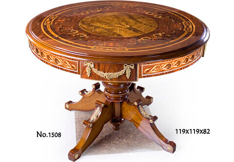 Italian ormolu-mounted marquetry and veneer inlaid round Pedestal Center Table