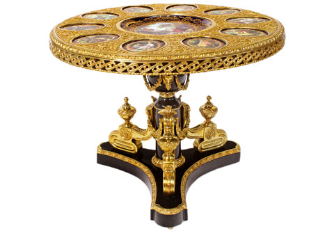 Napoleon III ormolu-mounted and Sèvres porcelain plates ground ebonised base round Center Table of Louis XVI Style