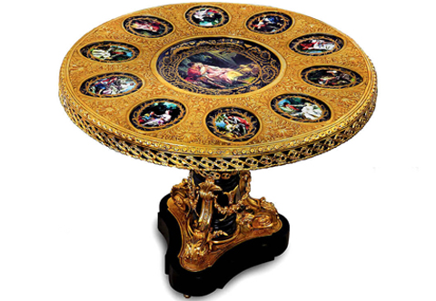 Napoleon III Louis XVI Style ormolu and romantic court scenes porcelain plates ground ebonised base round Center Table
