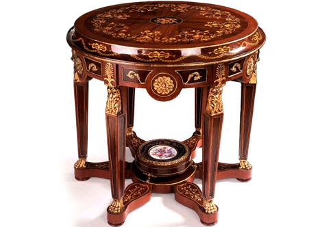Mid Empire style ormolu-mounted marquetry and veneer inlaid Sèvres porcelain plate Entrance Center Table