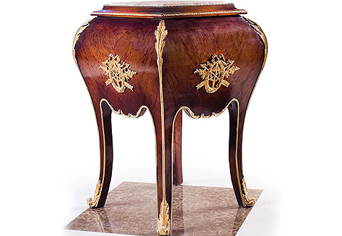 French Empire Neoclassical Louis XV Revival style gilt-ormolu-mounted birch mahogany veneer inlaid inset marble topped Bombé shaped Side Table