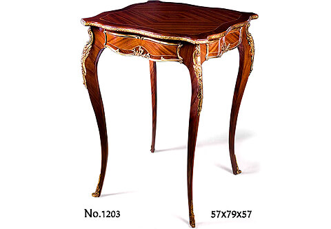 François Linke Louis XV style gilt-brass-mounted sans-traverse veneer inlaid scalloped top and frieze Table Ambulante