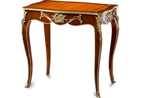 French Louis XV style ormolu-mounted veneer and Lozenge Parquetry inlaid Table Ambulante after the model by François Linke
