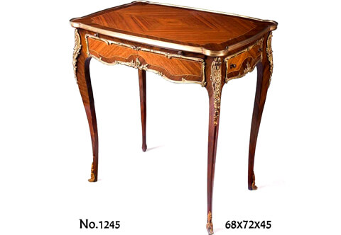 French Louis XV style ormolu-mounted sans-traverse quarter veneer inlaid side drawer and a sliding writing panel lady's writing Table after the model by François linke