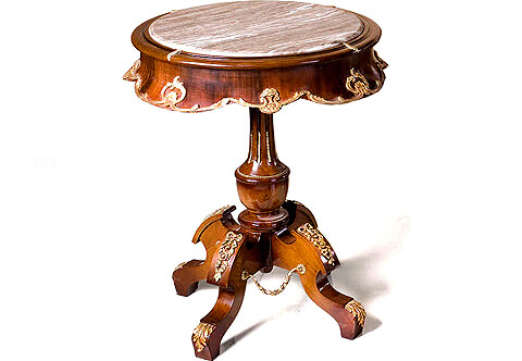French 19th century ormolu-mounted Palisander veneer inlaid circular inset marble topped Pedestal Side Table
