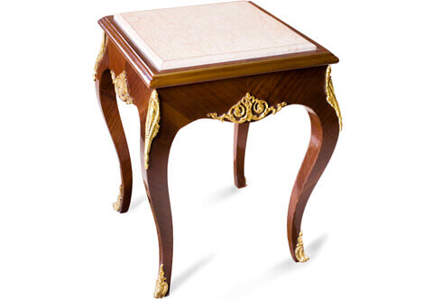 French Louis XV Epoque style gilt-ormolu-mounted sans traverse palisander veneer inlaid inset marble topped Side Table De Salon