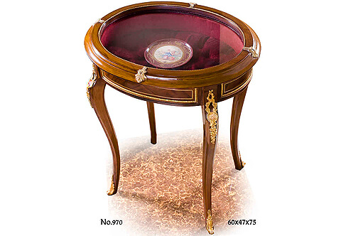 French Louis XV style ormolu-mounted veneer inlaid capitonné style velvet upholstered oval shaped Bijouterie Side Table