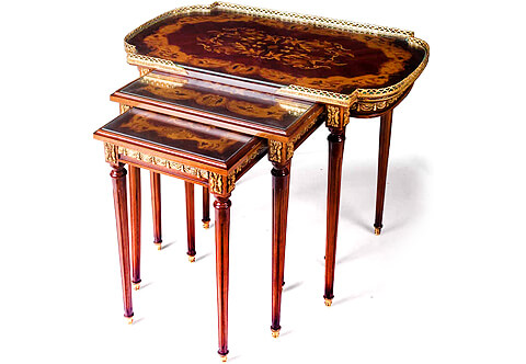 French Louis XVI style gilt-ormolu-mounted floarl marquetry inlaid Nesting Table Set of Three