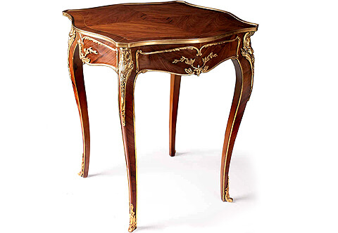 Late 19th C. French Louis XV style gilt-ormolu-mounted sans-traverse quarter veneer inlaid Side Lamp Table after the model by François linke