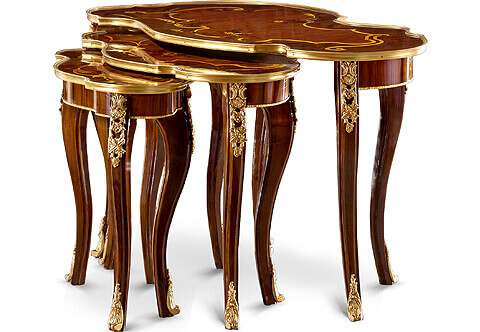 French Louis XV gilt-ormolu-mounted marquetry inlaid asymmetrical shaped Nesting Table Set of Three