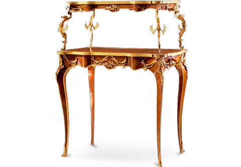 French Louis XV Period Rococo style gilt-ormolu-mounted veneer inlaid Serving Table after the model by François Linke
