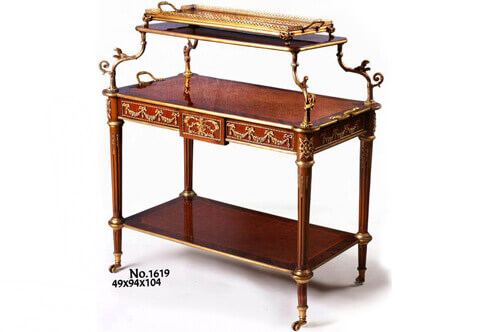 Louis XVI Neoclassical style ormolu-mounted and lozenge Parquetry crossbanded veneer inlaid two tier Serving Étagère on ormolu Casters