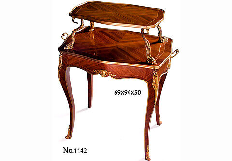 Napoleon III Louis XV Revival style gilt-ormolu-mounted sans traverse veneer inlaid two-tier Butler Tea Table
