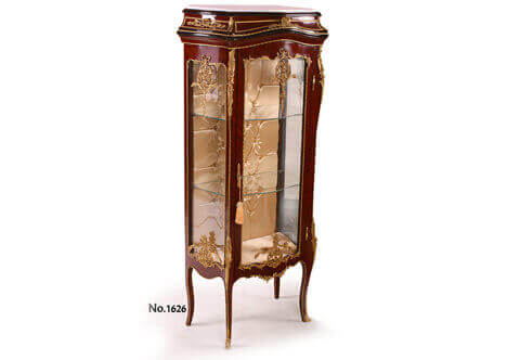 François Linke French Louis XV Style ormolu-mounted veneer inlaid marble topped capitonné style upholstered Petite Exhibition Vitrine