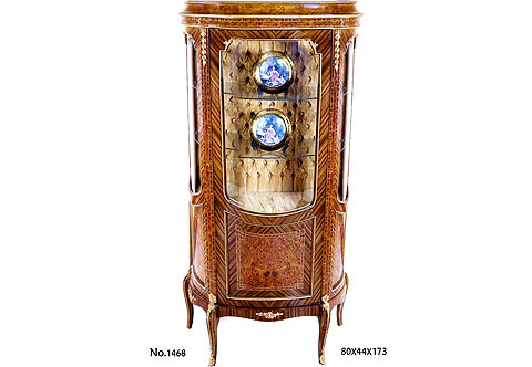 French Louis XV style ormolu-mounted double veneer inlaid upholstered interior demilune shaped Display Vitrine