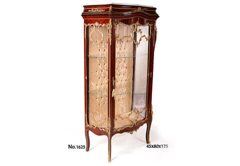 French Louis XV Style ormolu-mounted veneer inlaid marble topped tufted back upholstered Exhibition Vitrine after the model By François Linke