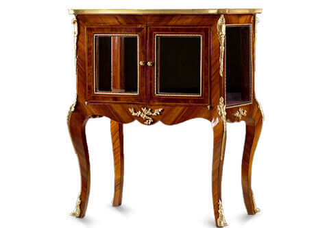 19th Century French Louis XV period style ormolu-mounted veneer inlaid velvet upholstered rectangular shaped small Vitrine