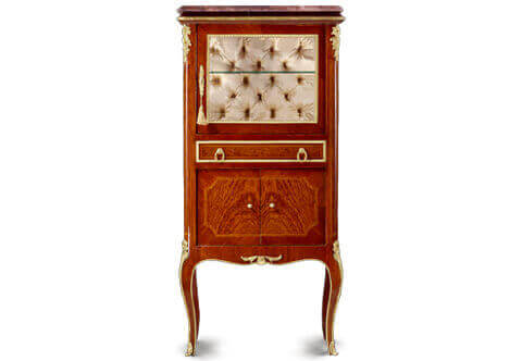 Joseph-Emmanuel Zwiener Louis XV style gilt-ormolu-mounted veneer inlaid marble topped and capitonné upholstered back petite Cabinet Vitrine