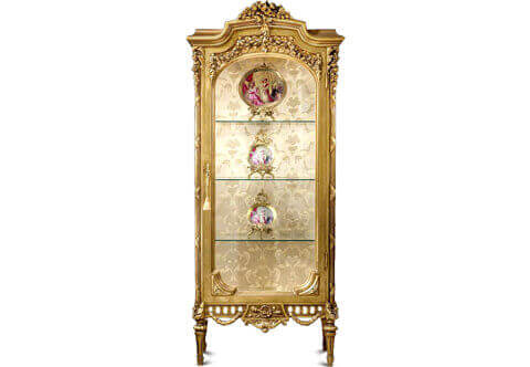 French Louis XVI style hand carved and french gold foils gilded upholstered back Vitrine