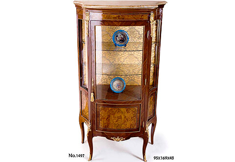 Louis XV style ormolu-mounted double veneer inlaid concave sides marble topped Display Vitrine