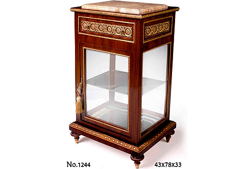 Louis XVI ormolu-mounted veneer inlaid inset marble topped petite Curio Cabinet