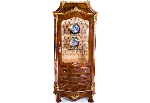 Napoleon III gilt-ormolu-mounted double veneer inlaid upholstered interior Vitrine cabinet