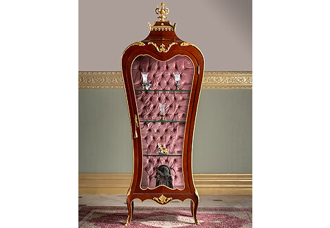 French Louis XV style ormolu-mounted veneer inlaid and upholstered back Regal Vitrine